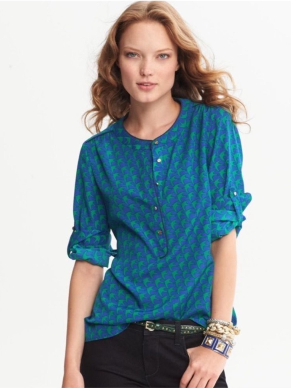 BR XL Blue Green Gold Tone Buttons Sparrow Long Tab Sleeve Popover Blouse